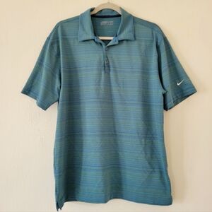 Nike Golf Dri-Fit Green Teal Blue Striped Golf Polo Stretchy Shirt Mens Large